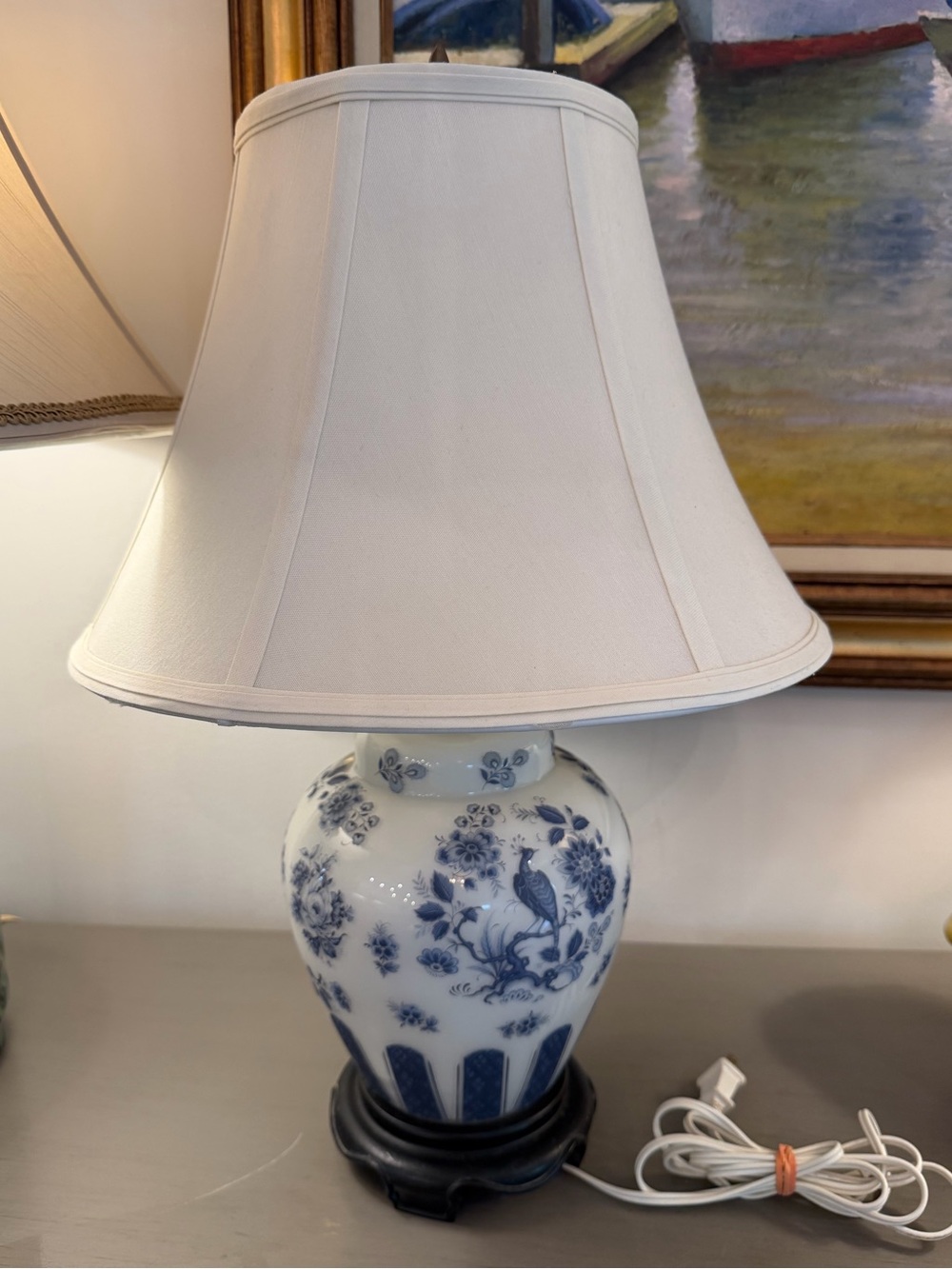 Blue and White Chinoiserie Table Lamp 21” Bird Floral Porcelain Ginger Jar Shape